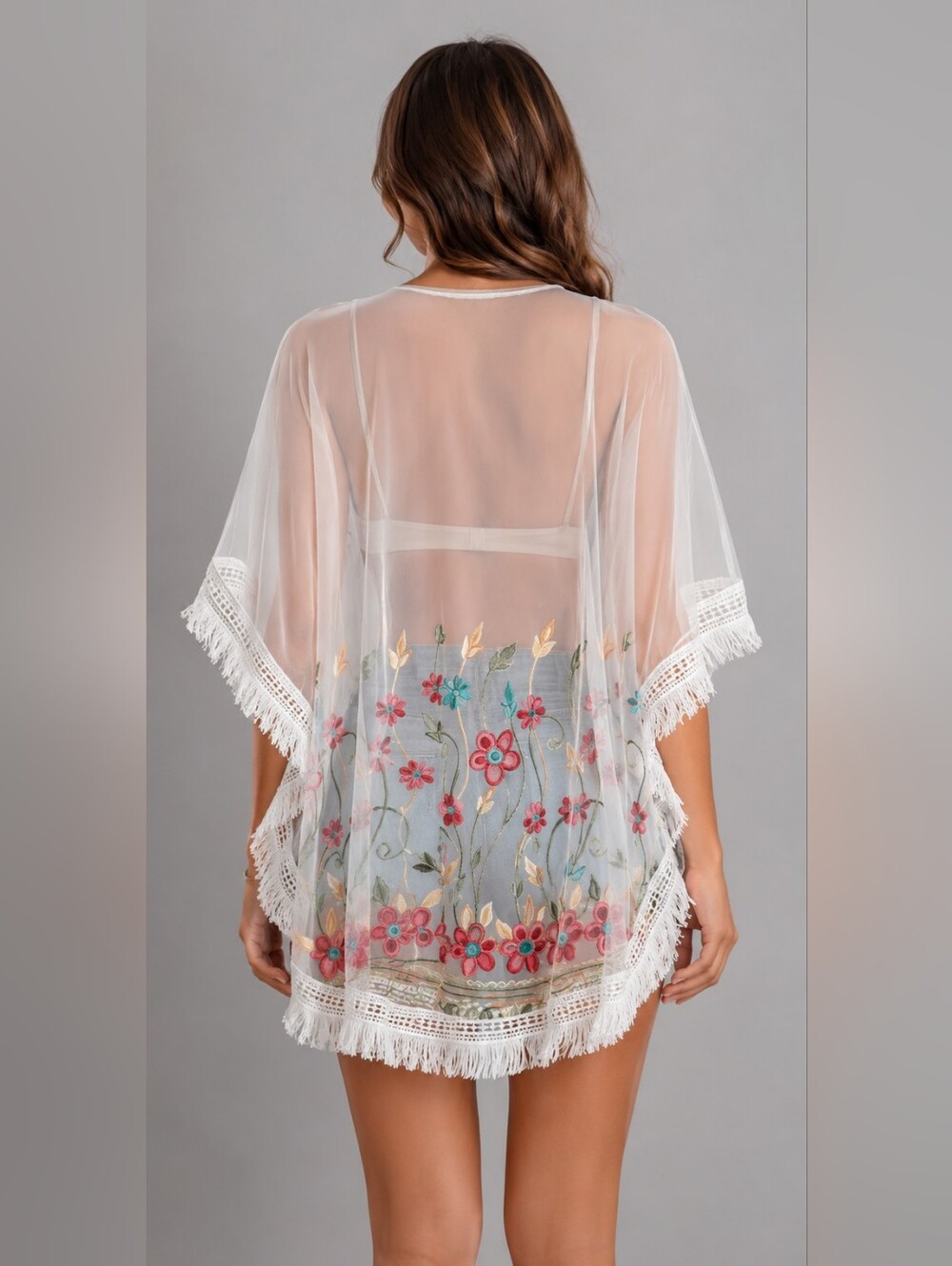 Amiani Swim Boho Cover Up One Size Fits All White With Floral Embroidery